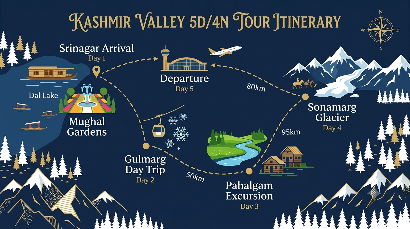 5 day Kashmir tour package itinerary map showing Srinagar Gulmarg Pahalgam and Sonamarg route