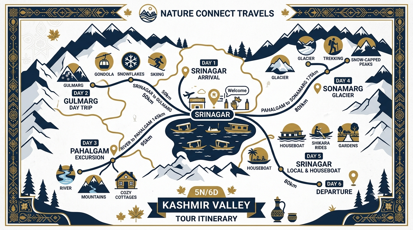 5 day Kashmir tour package itinerary map showing Srinagar Gulmarg Pahalgam and Sonamarg route