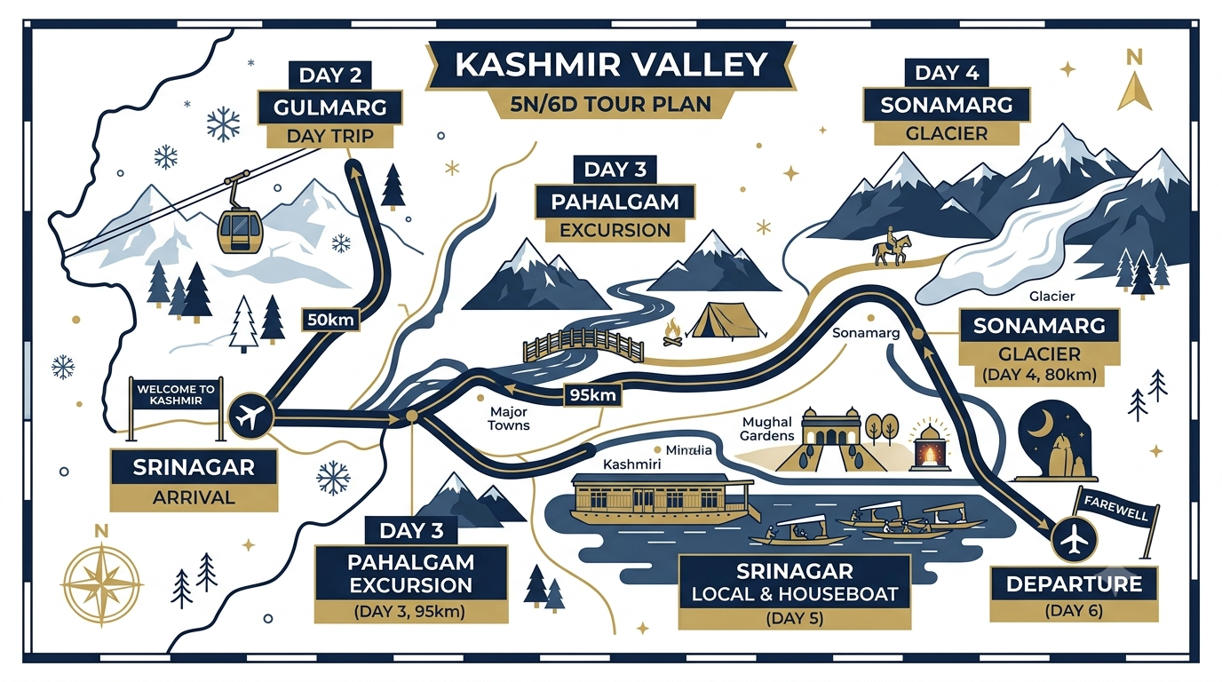 5 day Kashmir tour plan itinerary map showing Srinagar Gulmarg Pahalgam and Sonamarg route