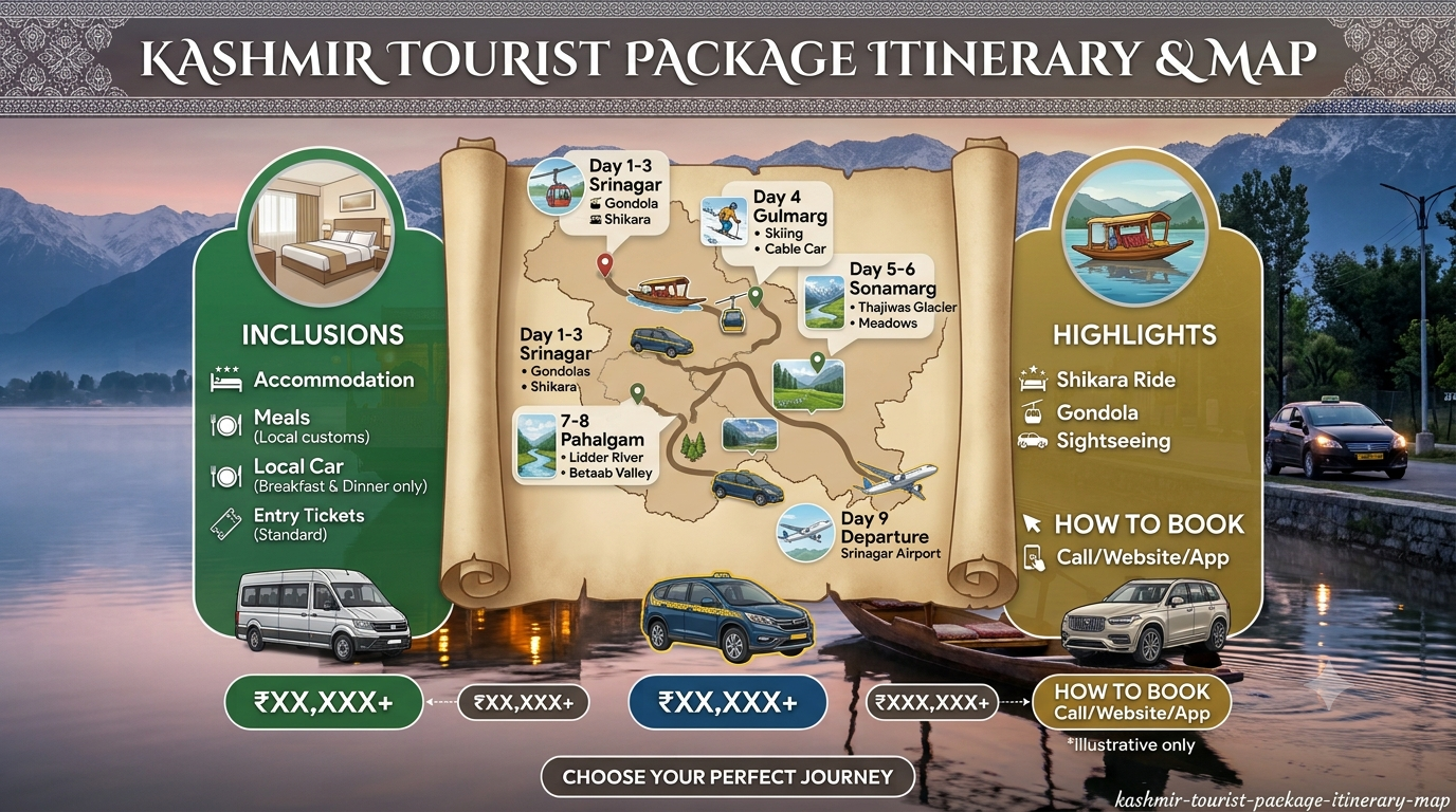 5 day Kashmir tourist package itinerary map showing Srinagar Gulmarg and Pahalgam route by Nature Connect Travels