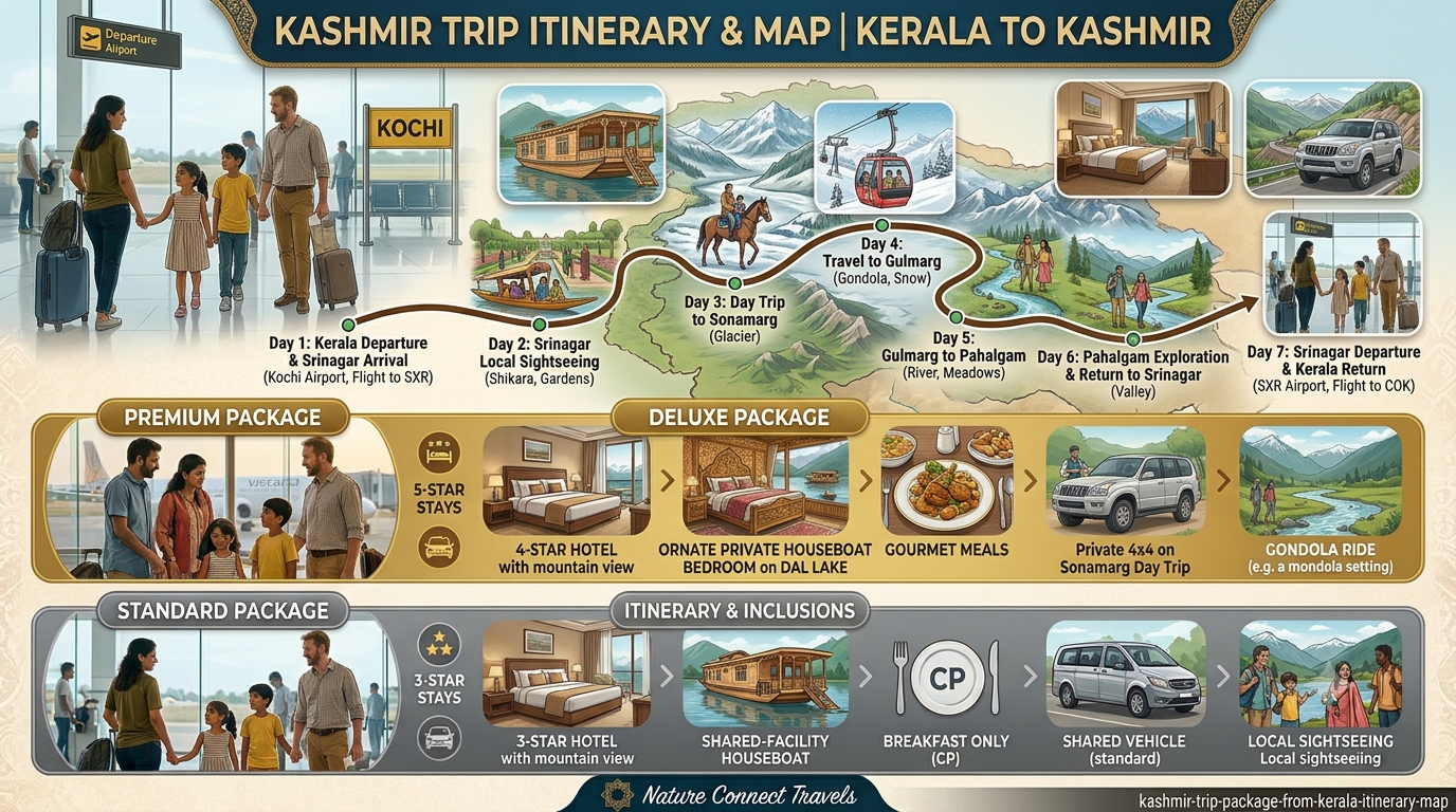 Kashmir Trip Package from Kerala 2026 | Nature Connect 9 5 day Kashmir trip package from Kerala itinerary map showing Srinagar Gulmarg and Pahalgam route by Nature Connect Travels