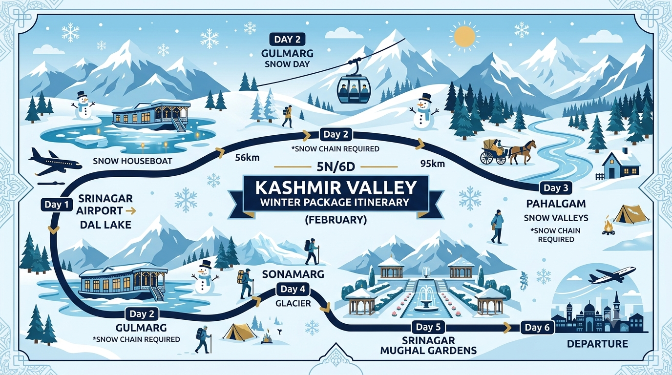 Kashmir Trip Package in February 2026 | Nature Connect ₹12K+ 9 5 day Kashmir trip package in February itinerary map showing Srinagar Gulmarg Pahalgam and Sonamarg snow route