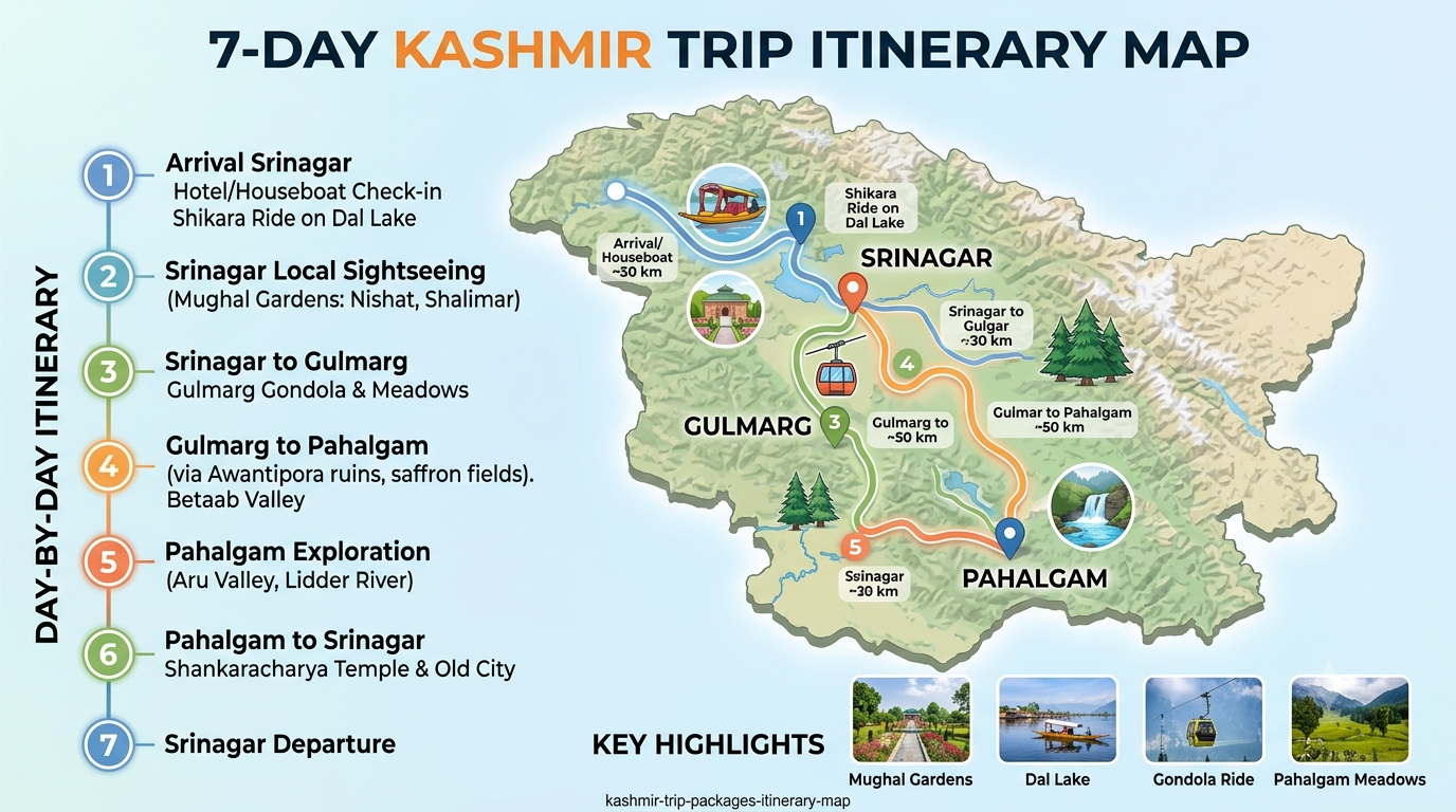 Kashmir Trip Packages 2026 | Nature Connect Travels ₹12,600+ 9 5 day Kashmir trip packages itinerary map showing Srinagar Gulmarg and Pahalgam route by Nature Connect Travels