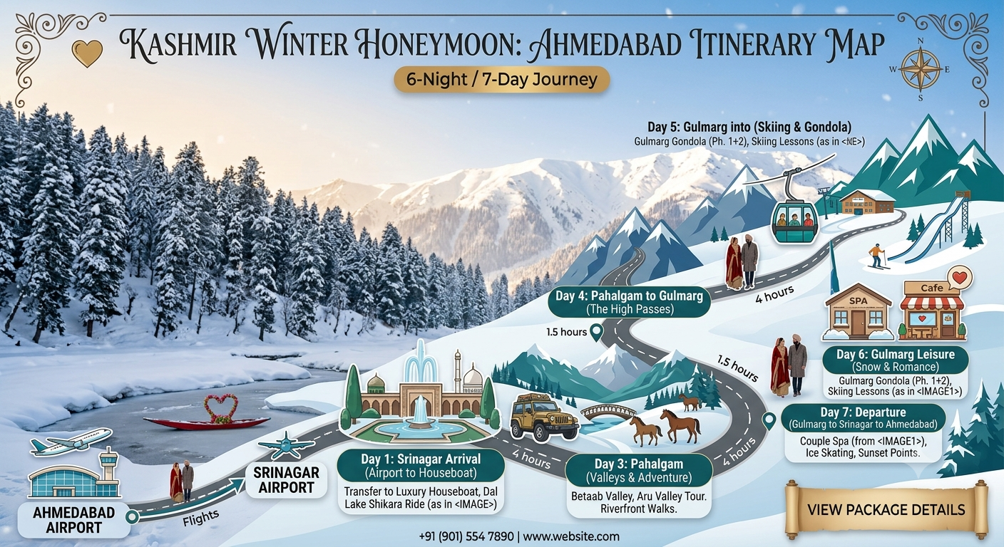 Kashmir Winter Honeymoon Package from Ahmedabad Gujarat | Nature Connect 9 5 day Kashmir winter honeymoon package from Ahmedabad itinerary map showing Dal Lake Gulmarg and Pahalgam romantic route