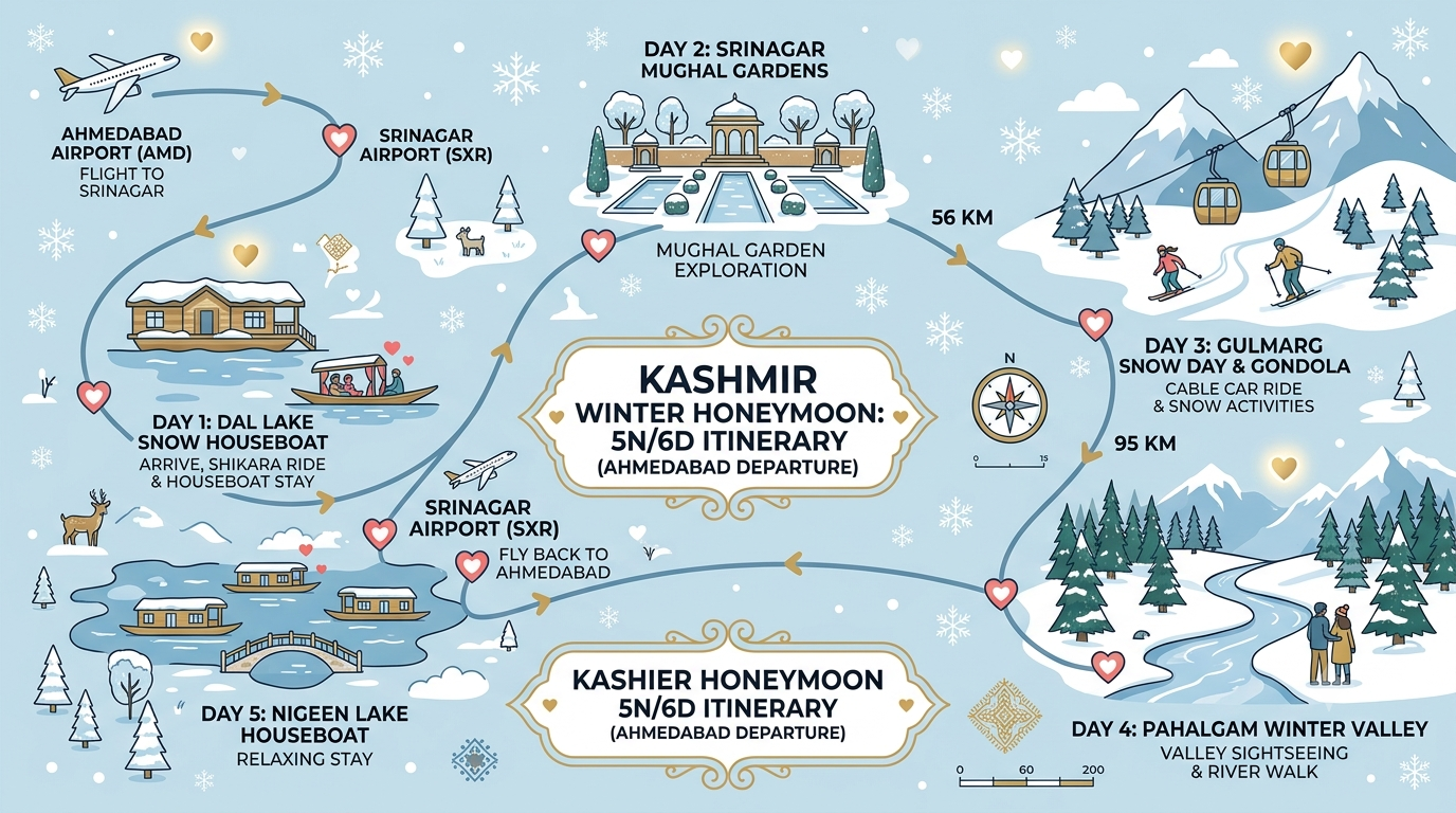 5 day Kashmir winter honeymoon package from Ahmedabad itinerary map showing Srinagar Gulmarg and Pahalgam route