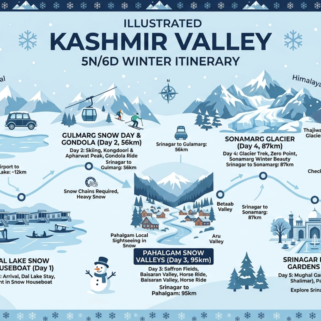 5 day Kashmir winter package itinerary map showing Srinagar Gulmarg Pahalgam and Sonamarg snow route