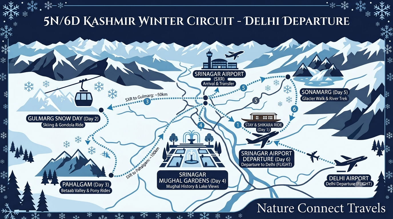 Kashmir Winter Packages from Delhi 2026 | ₹29,400+ All-Inc 9 5 day Kashmir winter packages from Delhi itinerary map showing Srinagar Gulmarg Pahalgam and Sonamarg route