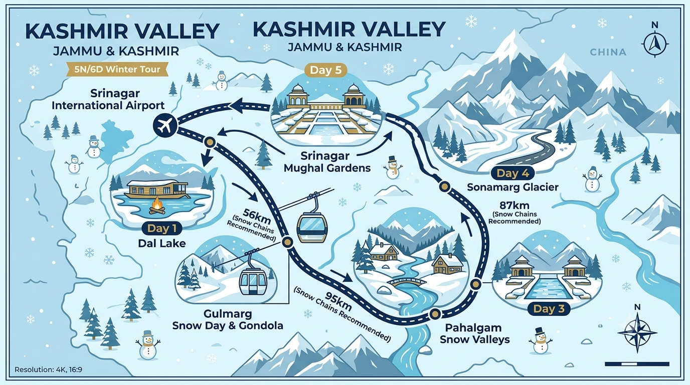 Kashmir Winter Tour 2026 | Nature Connect Travels ₹12,199+ 9 5 day Kashmir winter tour itinerary map showing Srinagar Gulmarg Pahalgam and Sonamarg snow route