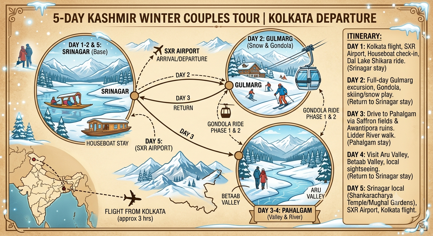 5 day Kashmir winter tour package for couples from Kolkata itinerary map showing Srinagar Gulmarg and Pahalgam route