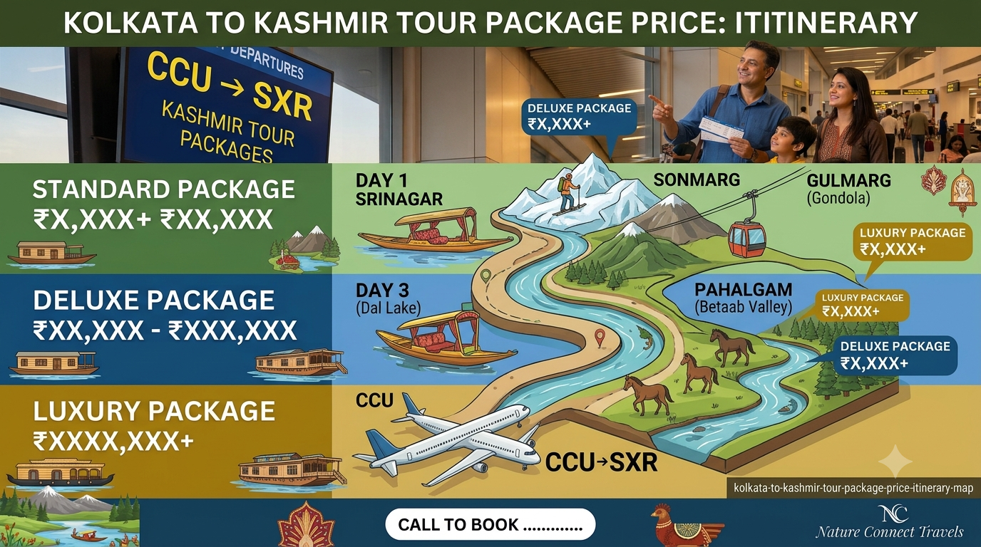 5 day Kolkata to Kashmir tour package itinerary map showing Srinagar Gulmarg and Pahalgam route by Nature Connect Travels