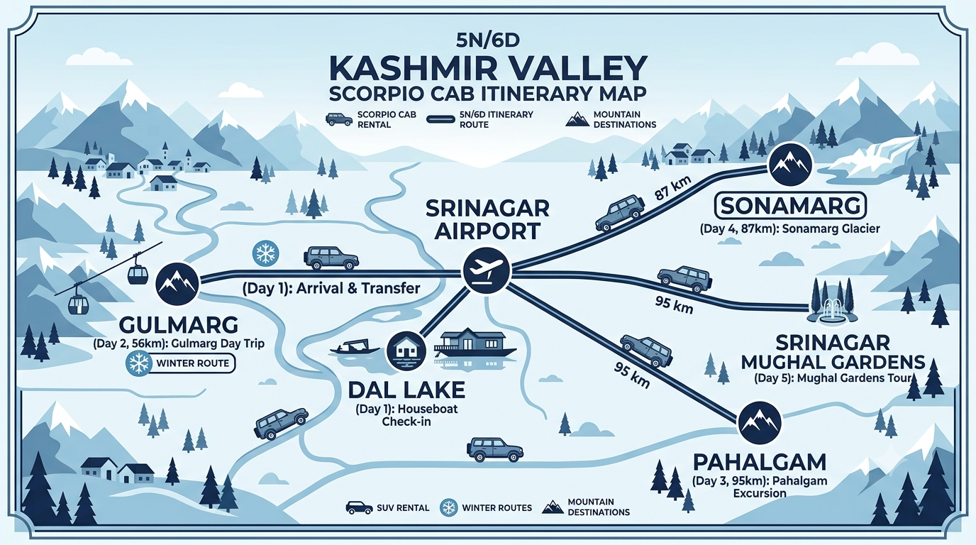 Scorpio Cab Rental Kashmir 2026 | Nature Connect ₹4,500+ 10 5 day Scorpio cab rental Kashmir itinerary map showing Srinagar Gulmarg Pahalgam and Sonamarg route