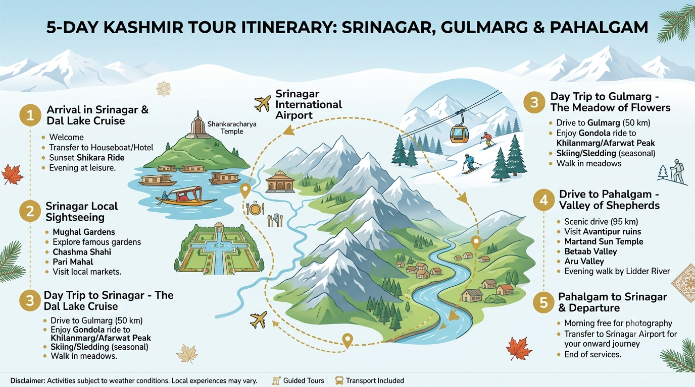 5 day Srinagar Gulmarg Pahalgam tour package itinerary map showing Dal Lake Gulmarg Gondola and Betaab Valley route
