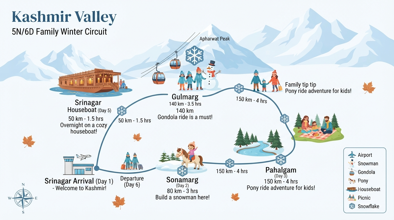 5 day budget Kashmir winter package for family itinerary map showing Srinagar Gulmarg Pahalgam and Sonamarg route