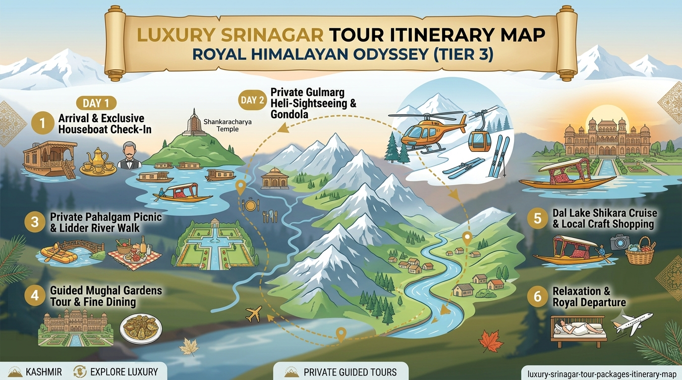 5 day luxury Srinagar tour package itinerary map showing palace hotel private shikara and heritage houseboat route