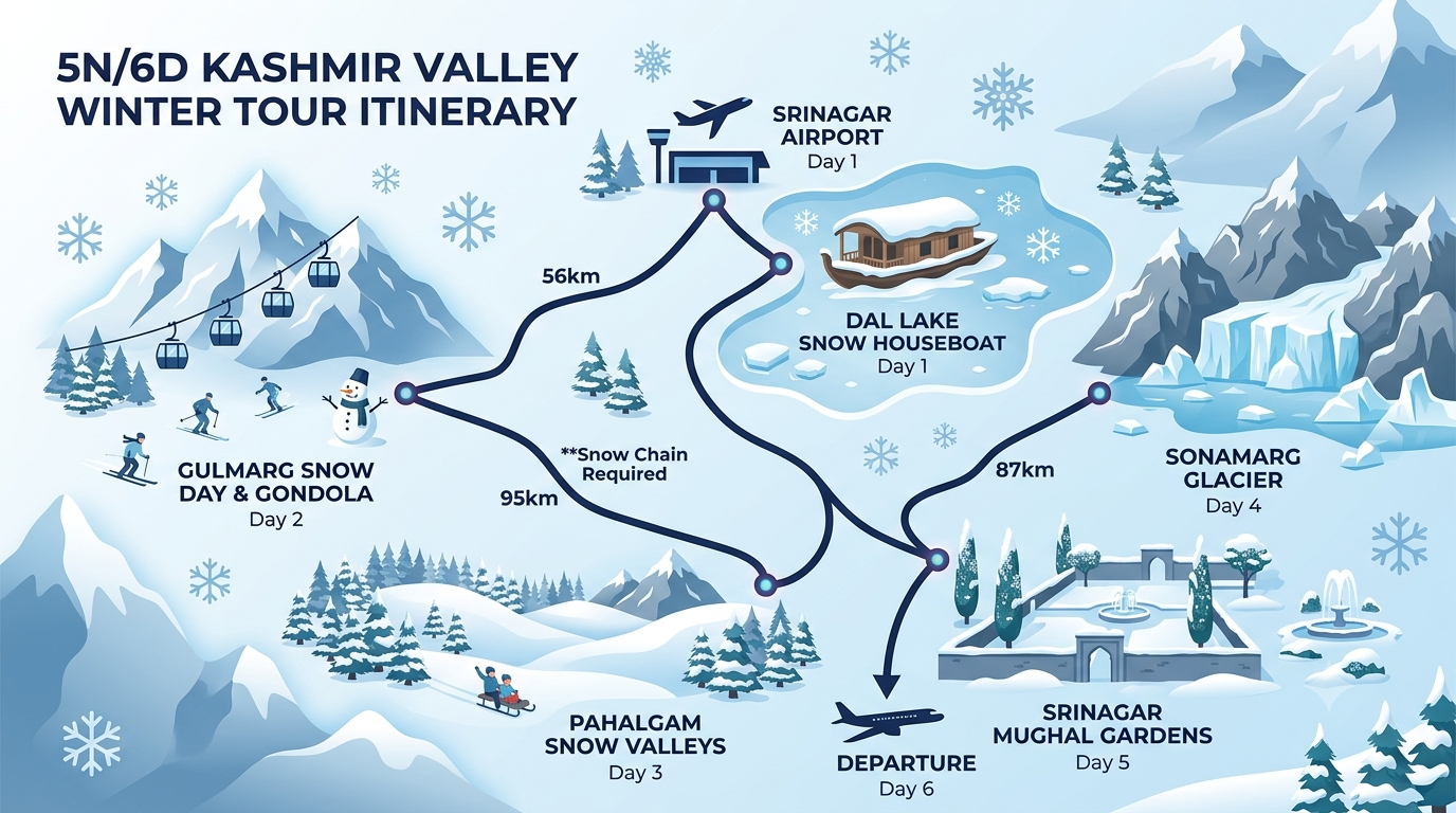 5 day winter packages Kashmir itinerary map showing Srinagar Gulmarg Pahalgam and Sonamarg snow route