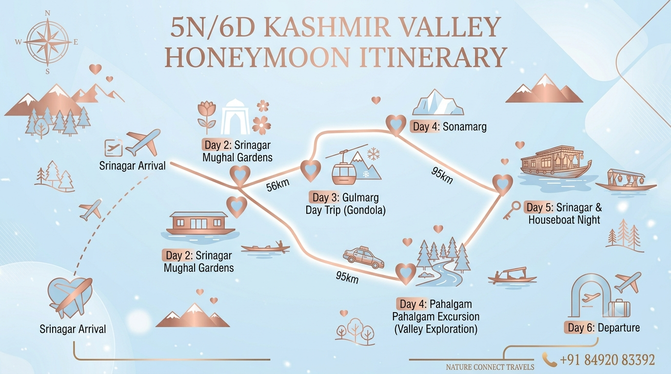 5 nights 6 days Kashmir honeymoon package itinerary map showing Srinagar Gulmarg and Pahalgam romantic route