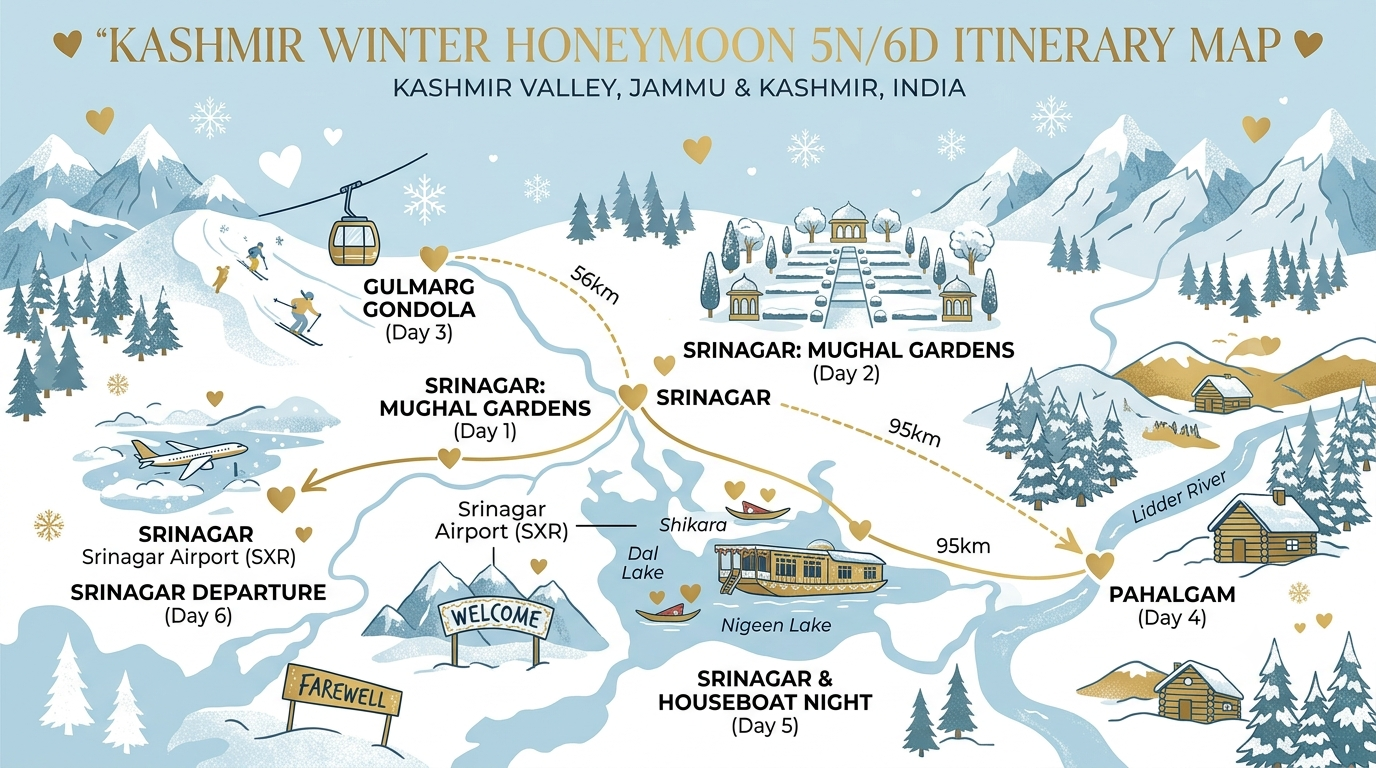 Kashmir Honeymoon Packages in Winter 2026 | ₹22K+ Couple 7 5 nights 6 days Kashmir winter honeymoon package itinerary map showing Srinagar Gulmarg and Pahalgam romantic route