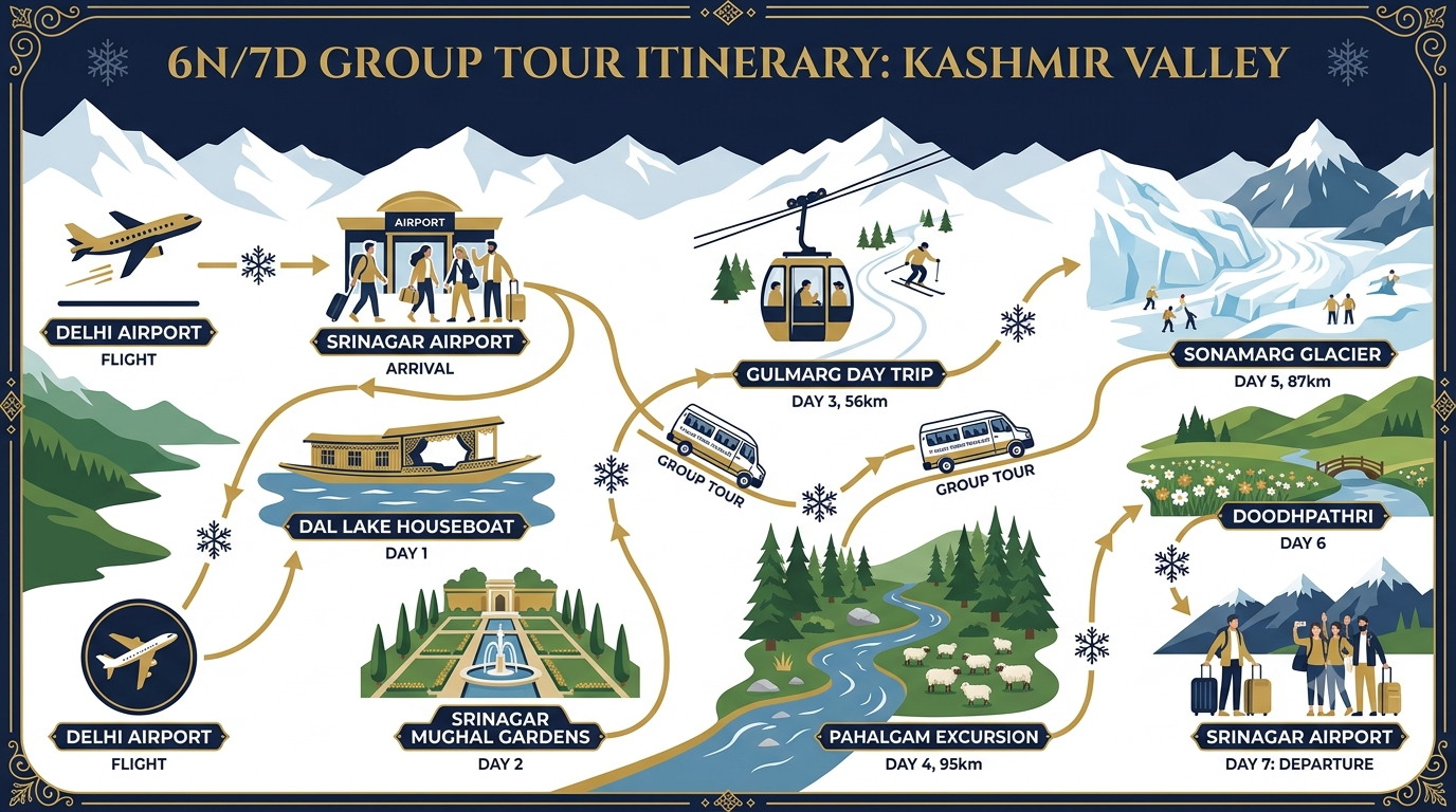 6 nights 7 days Kashmir group package from Delhi itinerary map showing Srinagar Gulmarg Pahalgam and Sonamarg route