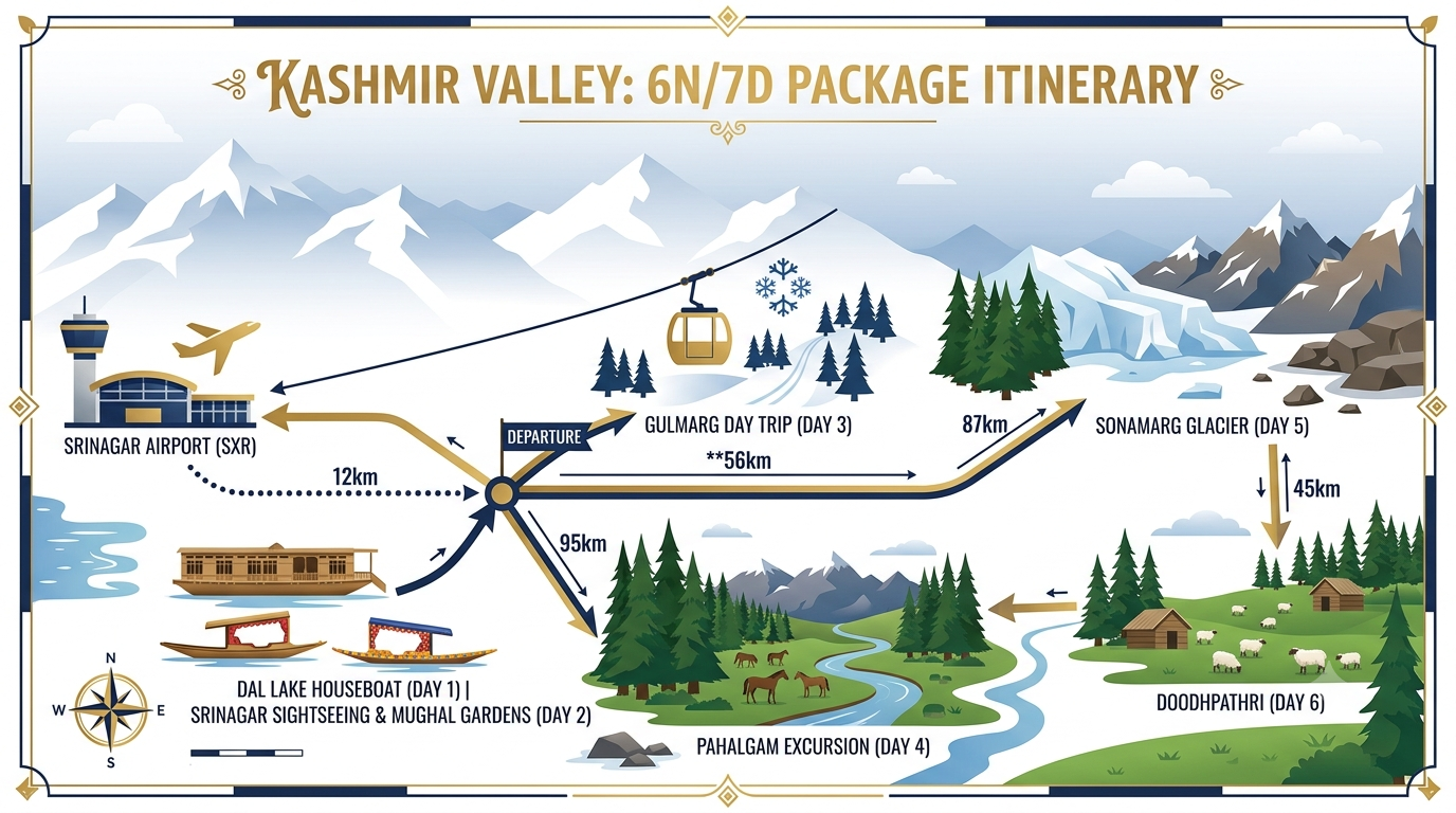 6 nights 7 days Kashmir package itinerary map showing Srinagar Gulmarg Pahalgam Sonamarg route