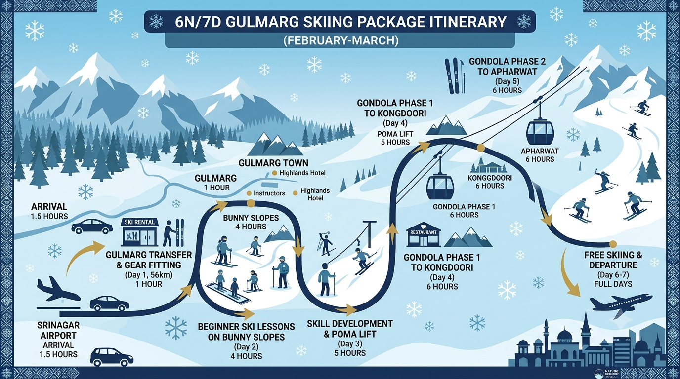 Gulmarg Winter Skiing Package 2026 | Nature Connect ₹28,000+ 9 7 day Gulmarg winter skiing package itinerary map showing ski lessons Gondola and Apharwat Peak route