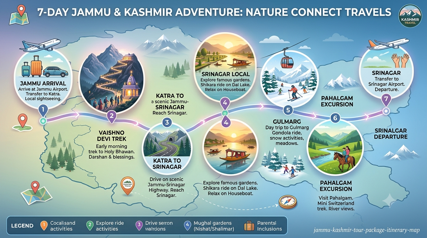 Jammu Kashmir Tour Package 2026 | Nature Connect ₹24,500+ 9 7 day Jammu Kashmir tour package itinerary map showing Vaishno Devi Katra Srinagar Gulmarg and Pahalgam route