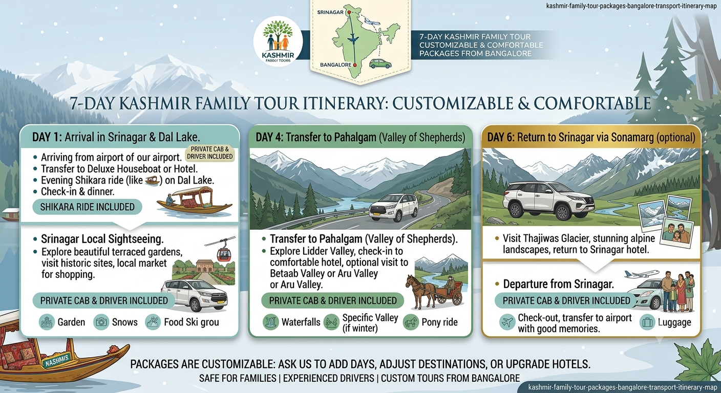 7 day Kashmir family tour packages from Bangalore with transport itinerary map showing Srinagar Gulmarg Pahalgam route