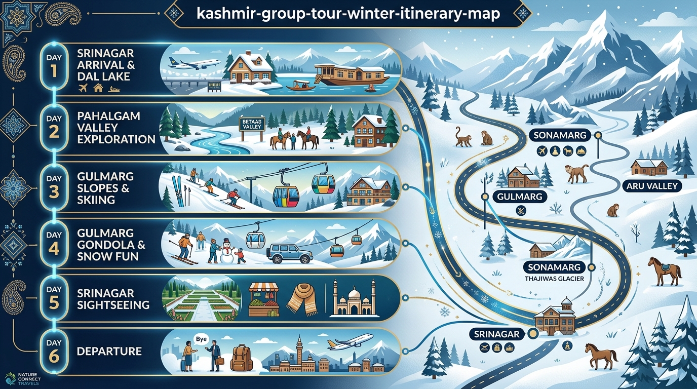 Kashmir Group Tour Winter Packages 2026 | Nature Connect ₹15K+ 9 7 day Kashmir group tour winter package itinerary map showing Srinagar Gulmarg Pahalgam and Sonamarg group route