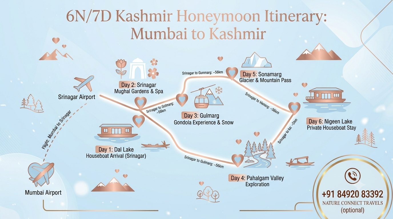 7 day Kashmir honeymoon package from Mumbai itinerary map showing Srinagar Gulmarg Pahalgam and Sonamarg romantic route