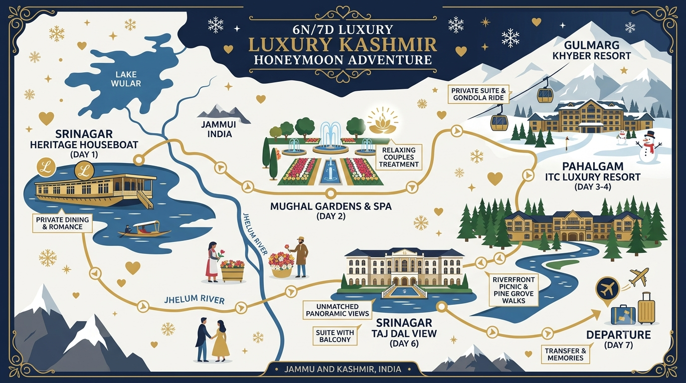 7 day Kashmir luxury honeymoon tour itinerary map showing Taj Dal View Khyber Gulmarg and heritage houseboat route