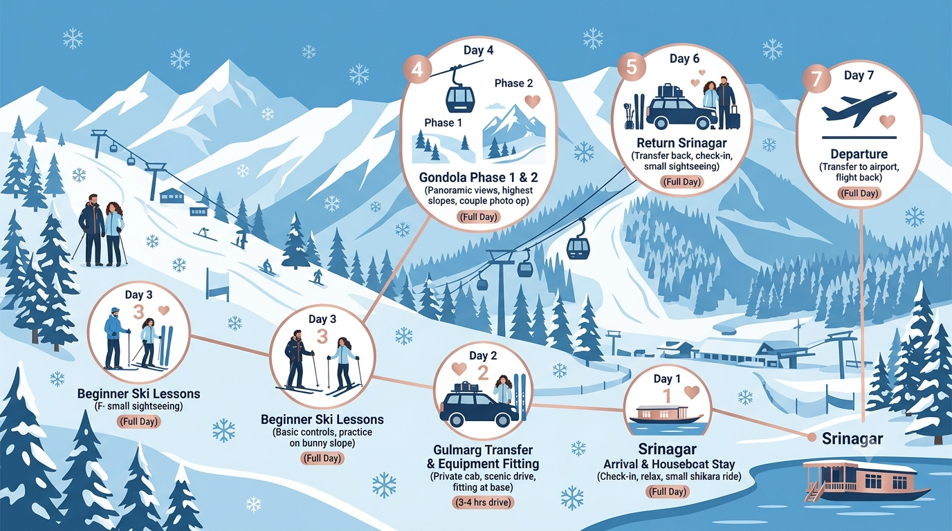7 day Kashmir snowfall tour package for couple with ski pass itinerary map showing Gulmarg ski lessons and Gondola route