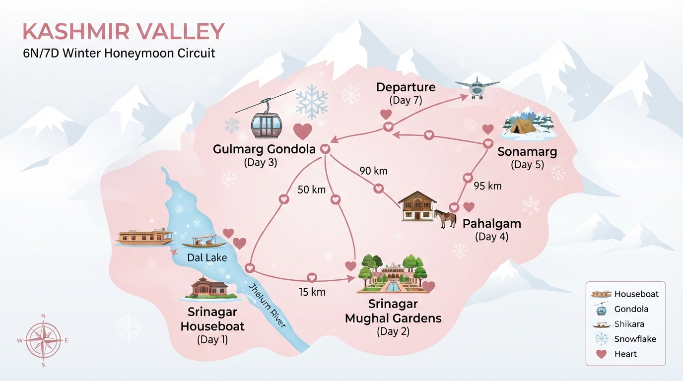 7 day Kashmir winter honeymoon with houseboat itinerary map showing Srinagar Gulmarg Pahalgam and Sonamarg romantic route