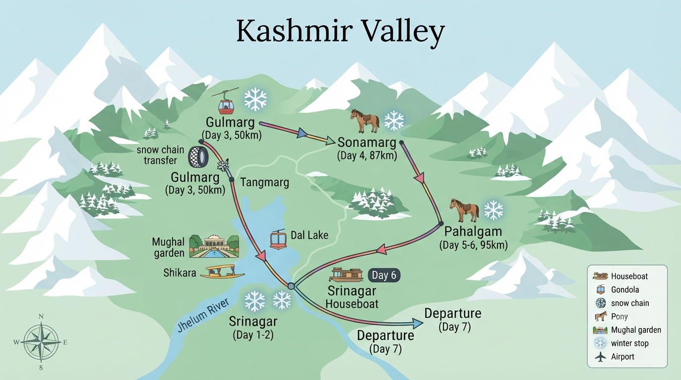 Kashmir 6 Nights 7 Days Winter Package 2026 | Snow Tour ₹30,670 9 7 day Kashmir winter package itinerary map showing Srinagar Gulmarg Sonamarg and Pahalgam winter route