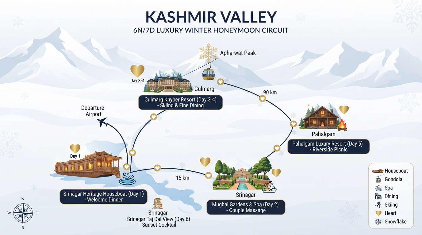 Luxury Kashmir Winter Honeymoon Package 2026 | 5-Star ₹65K+ 9 7 day luxury Kashmir winter honeymoon package itinerary map showing Taj Dal View Khyber Gulmarg and heritage houseboat route