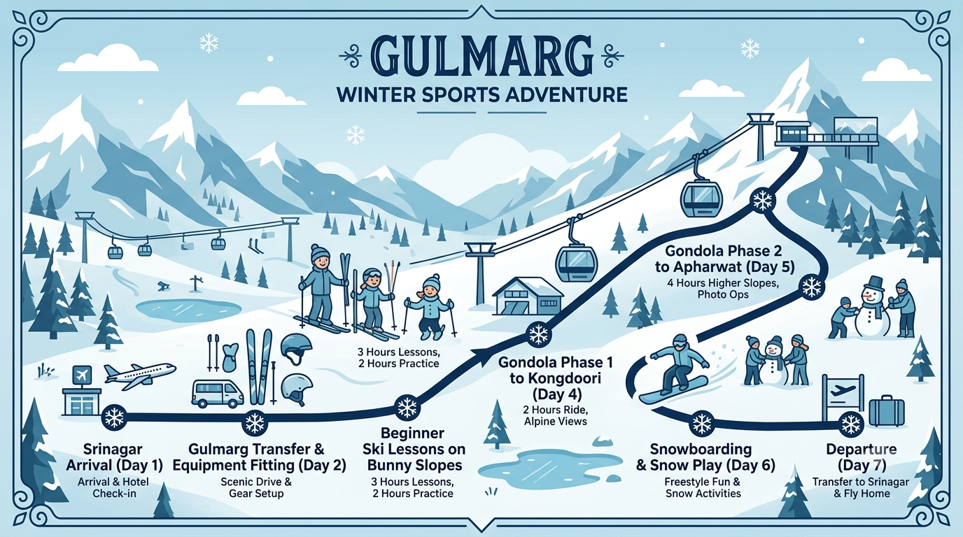 7 day winter sports package Gulmarg itinerary map showing ski lessons Gondola and Apharwat Peak route