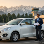 Affordable Kashmir cab service by Nature Connect Travels showing sedan taxi with chauffeur at Srinagar Airport