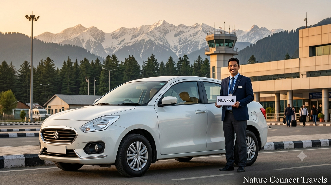Affordable Kashmir cab service by Nature Connect Travels showing sedan taxi with chauffeur at Srinagar Airport
