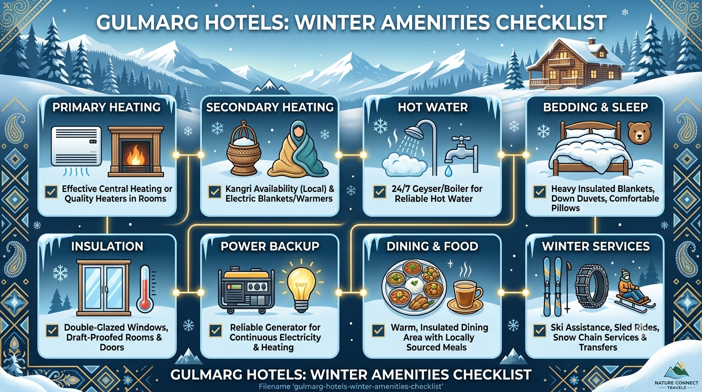 Gulmarg Hotels Winter Booking 2026 | Nature Connect Travels 12 Amenities checklist infographic for Gulmarg hotels winter booking showing heating hot water and power backup requirements
