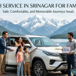 Best taxi service in Srinagar for family trip by Nature Connect Travels showing family with Innova Crysta and chauffeur