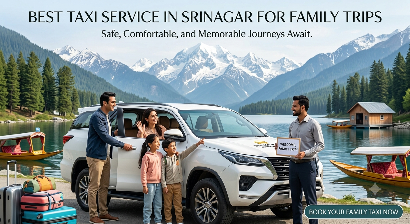 Best Taxi Service in Srinagar for Family Trip | Nature Connect 9 Best taxi service in Srinagar for family trip by Nature Connect Travels showing family with Innova Crysta and chauffeur