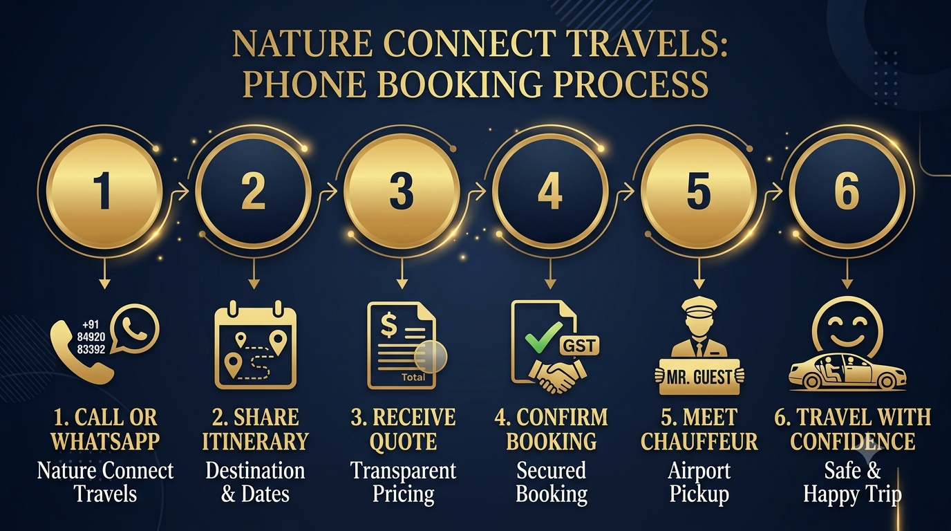 Booking process infographic for Kashmir cab service phone number by Nature Connect Travels