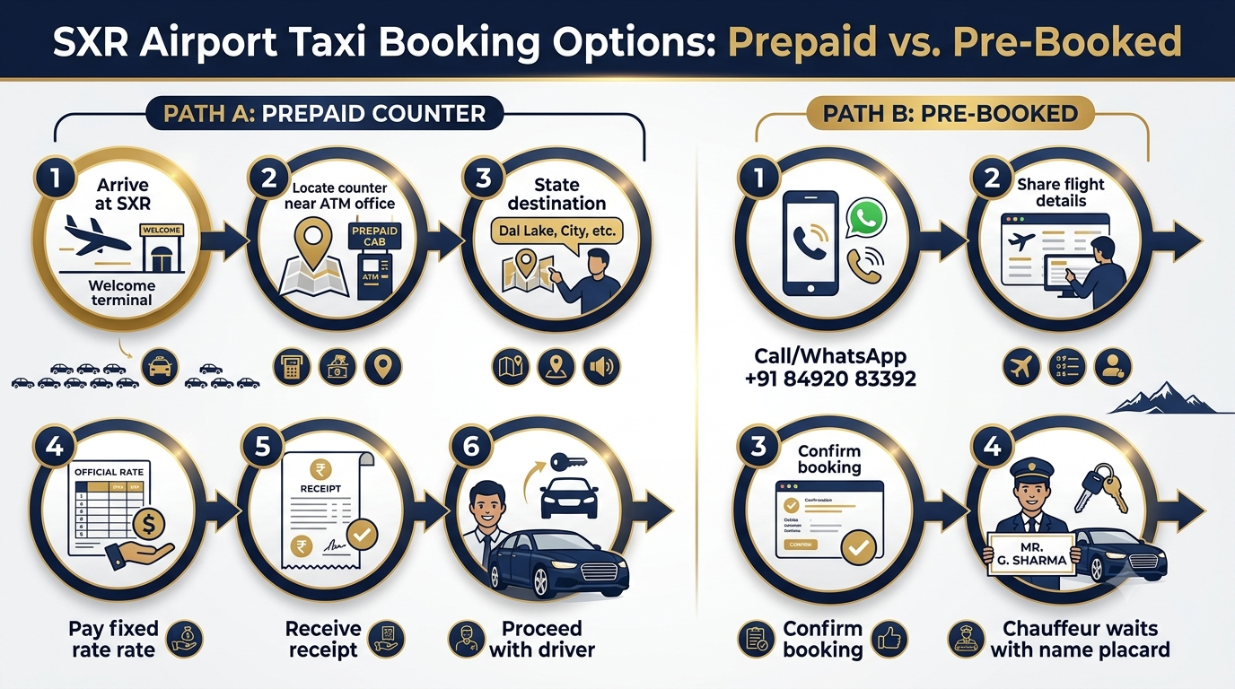 Booking process infographic for Srinagar prepaid taxi counter and pre booked cab with Nature Connect Travels