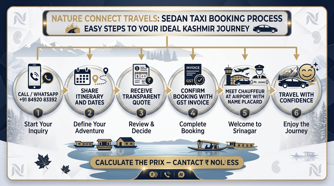 Booking process infographic for how to book sedan taxi in Srinagar with Nature Connect Travels