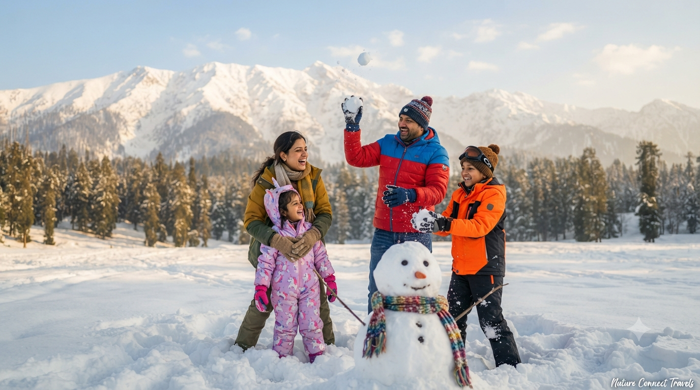 Budget Kashmir winter package for family showing parents and children playing in snow at Gulmarg meadow