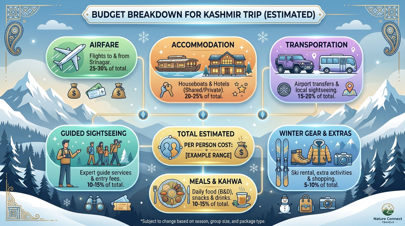 Gulmarg Hotels Winter Booking 2026 | Nature Connect Travels 14 Budget breakdown infographic for Gulmarg hotels winter booking showing room rate heating and meal costs