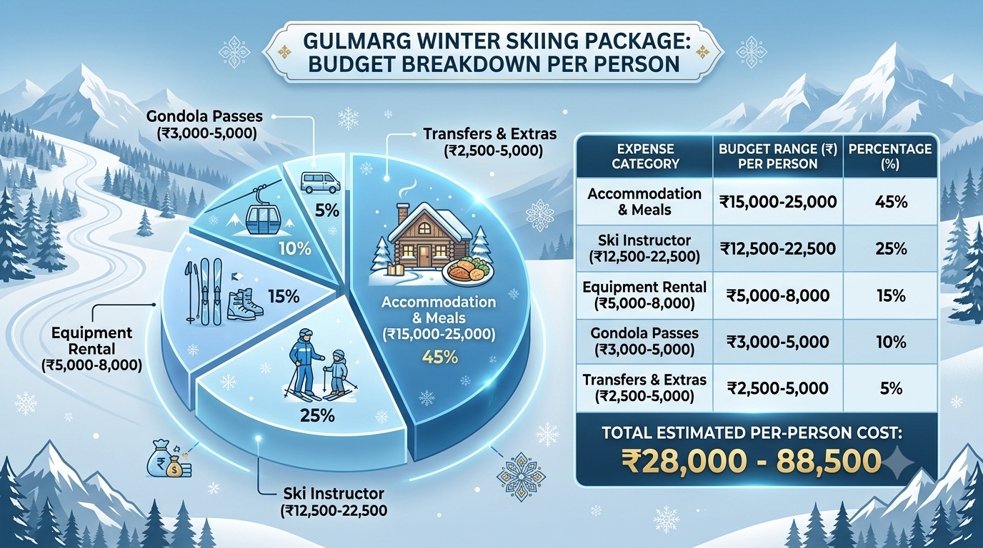 Gulmarg Winter Skiing Package 2026 | Nature Connect ₹28,000+ 12 Budget breakdown infographic for Gulmarg winter skiing package by Nature Connect Travels 2026