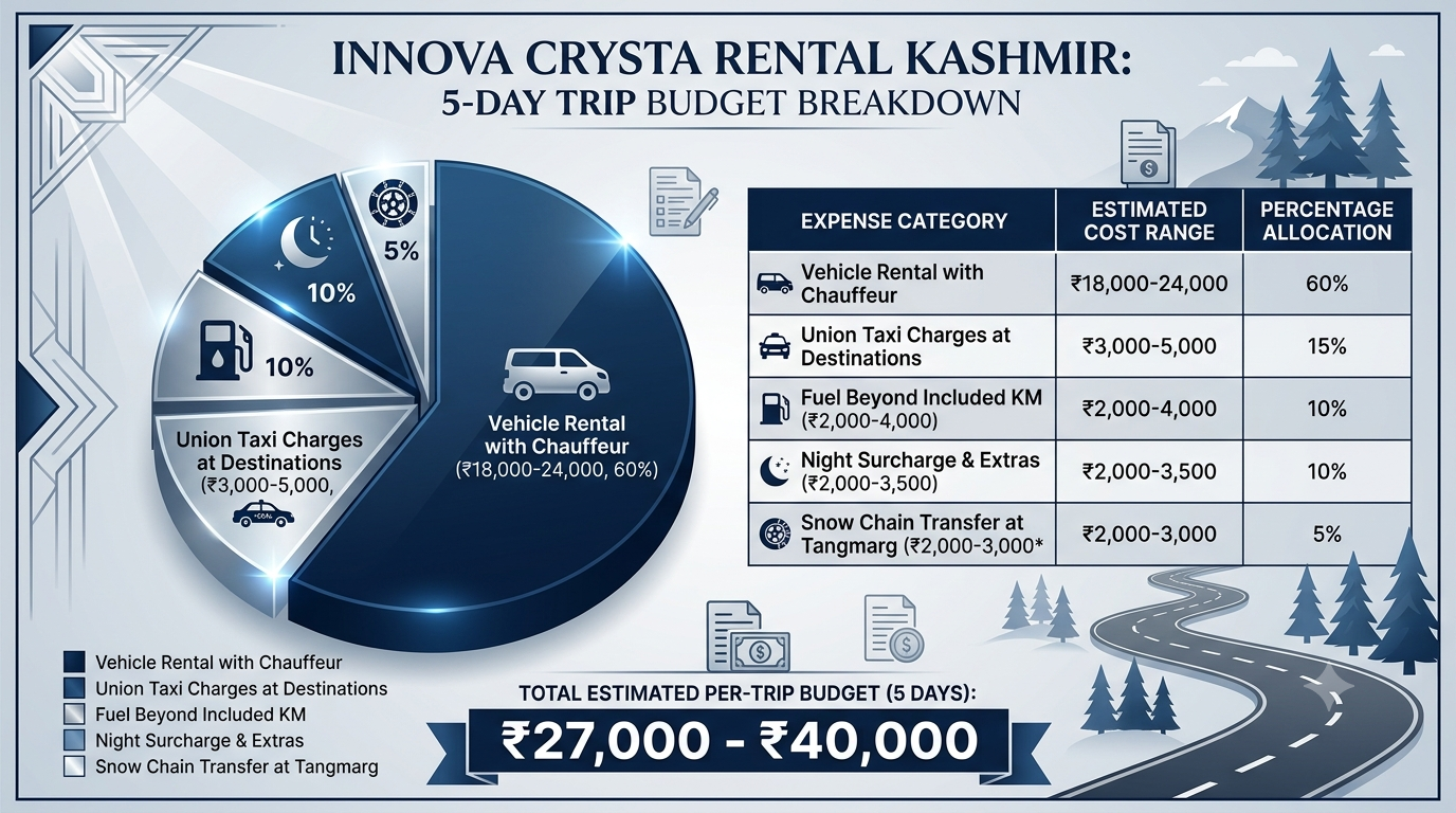 Innova Crysta Rental Kashmir 2026 | Nature Connect ₹3,500+ 12 Budget breakdown infographic for Innova Crysta rental Kashmir 5-day trip with Nature Connect Travels