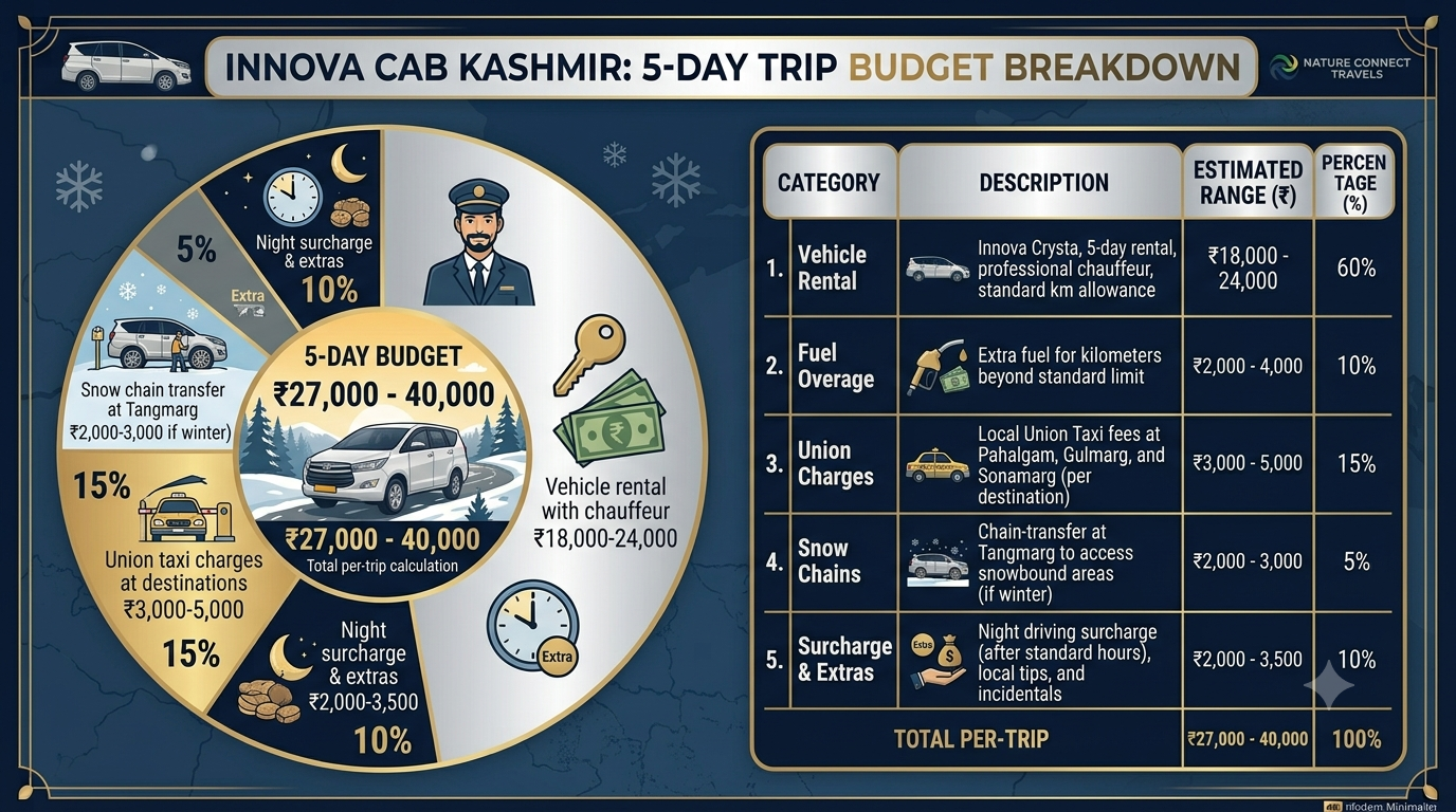 Innova Cab in Kashmir 2026 | Nature Connect Travels ₹3,500+ 12 Budget breakdown infographic for Innova cab in Kashmir 5-day trip with Nature Connect Travels