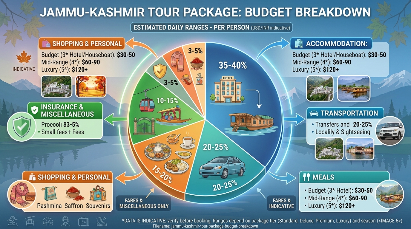 Jammu Kashmir Tour Package 2026 | Nature Connect ₹24,500+ 12 Budget breakdown infographic for Jammu Kashmir tour package 2026 by Nature Connect Travels