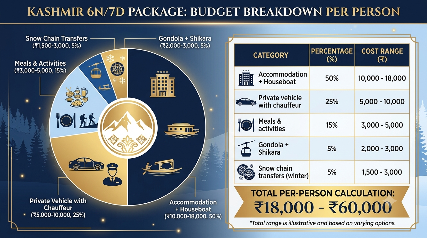 Budget breakdown infographic for Kashmir 6 nights 7 days package by Nature Connect Travels