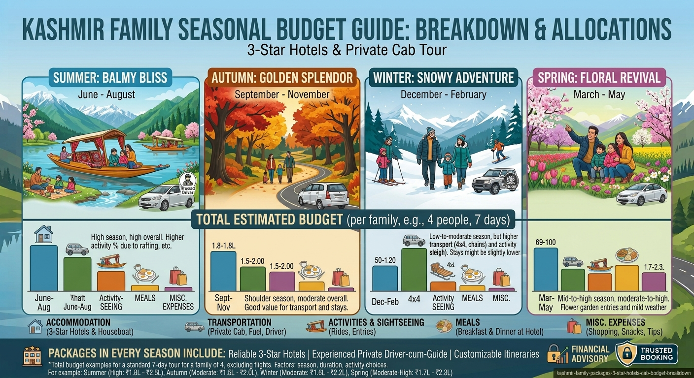 Budget breakdown infographic for Kashmir family packages with 3 star hotels and cab by Nature Connect Travels